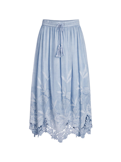 Silk Cotton Embroidered Lace Trim Panel Skirt