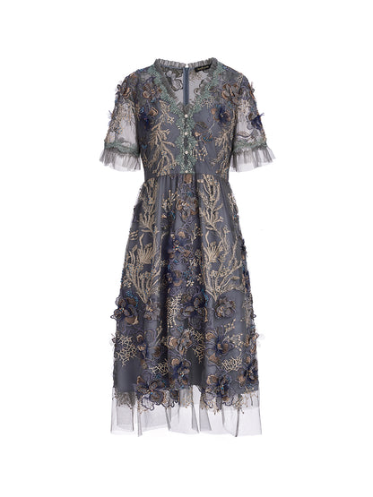 Gold Thread Embroidered Mesh Dress