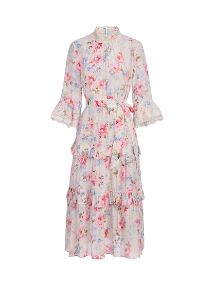 100% Silk Floral Lace Panel Ruffle Dress
