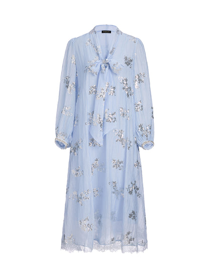 Sequin Embroidered Lace Panel Beaded Tie Dress