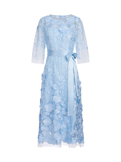 3D Floral Embroidered Mesh X-Waist Dress