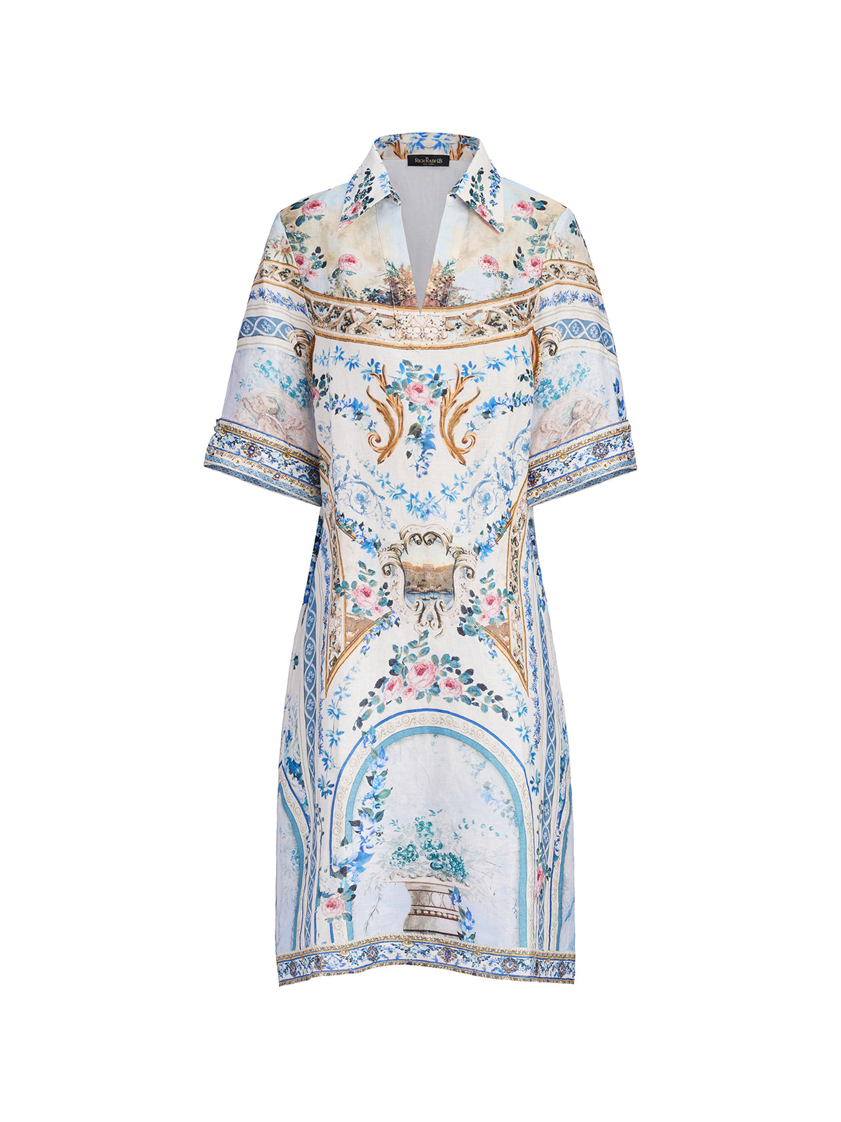100% Linen Print Rhinestone Straight Dress