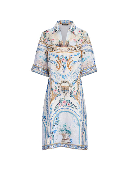 100% Linen Print Rhinestone Straight Dress