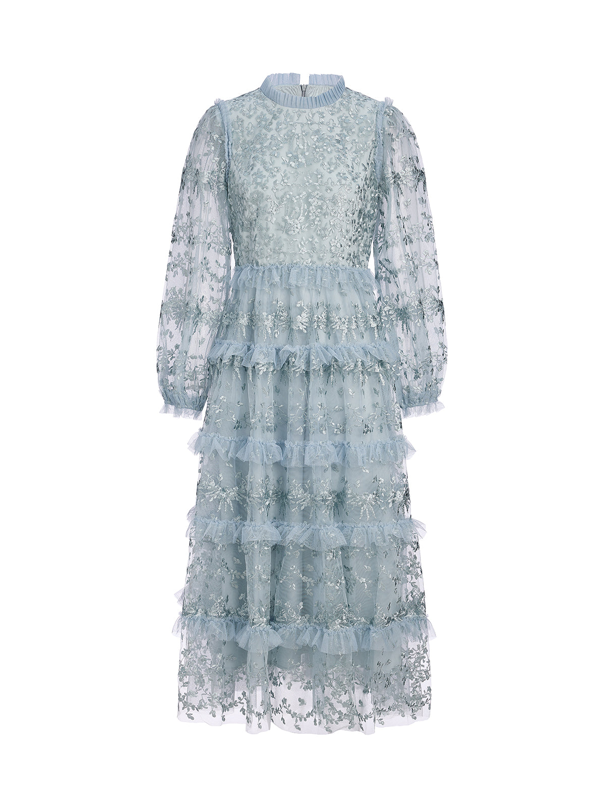 Embroidered Mesh Ruffle Lantern Sleeve Dress
