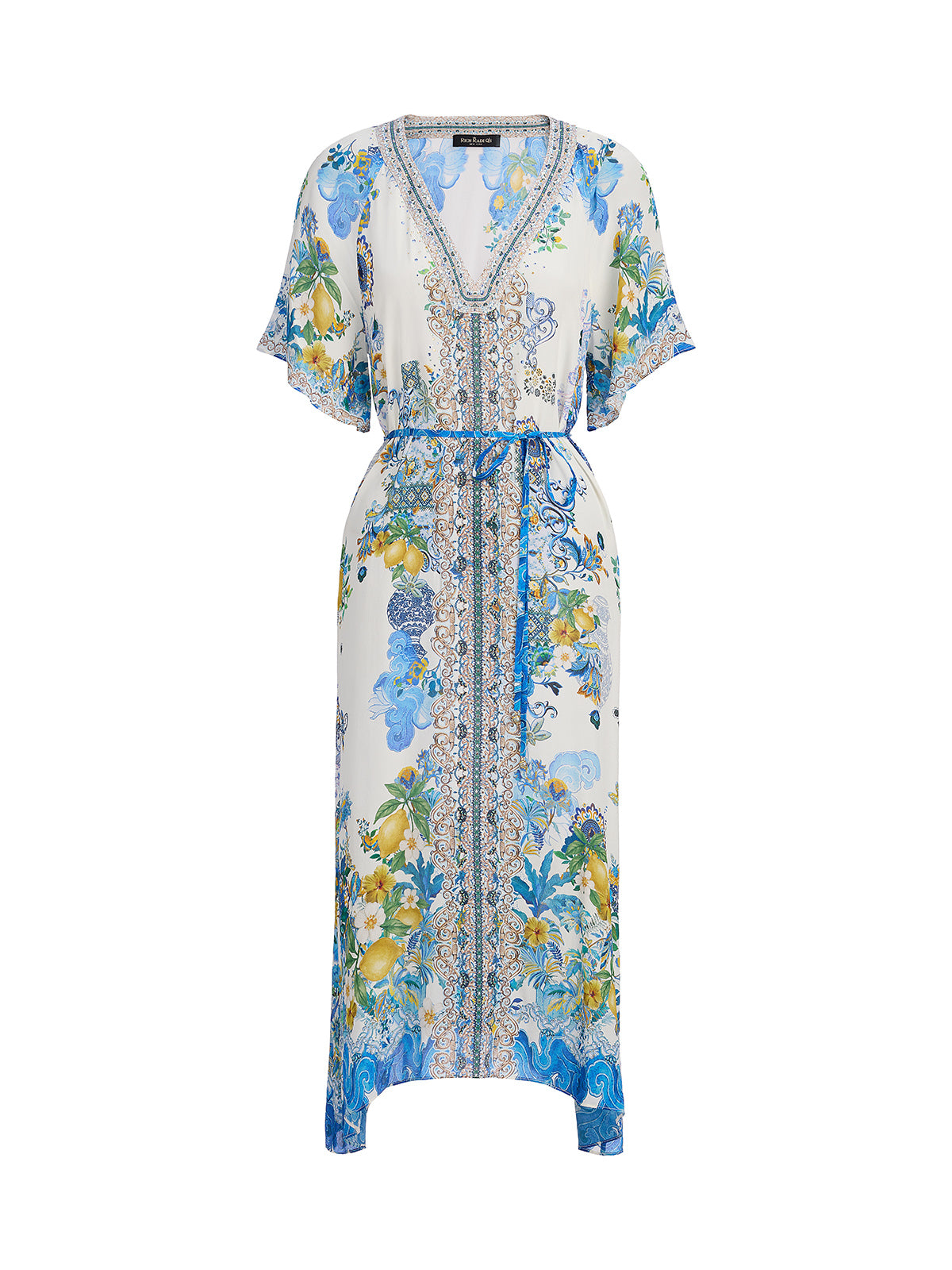 100% Silk Allover Print Rhinestone Dress (Waist Tie Included)