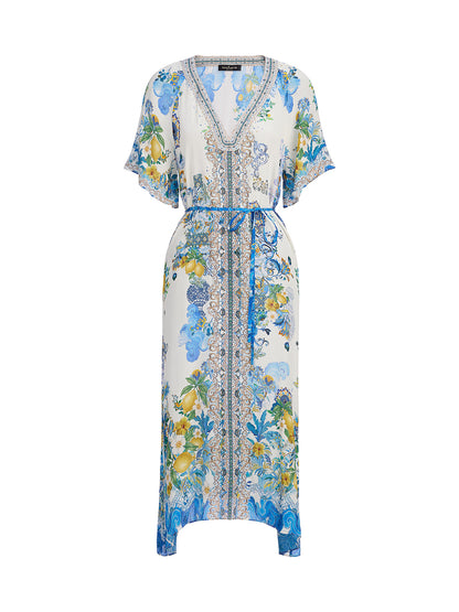 100% Silk Allover Print Rhinestone Dress (Waist Tie Included)