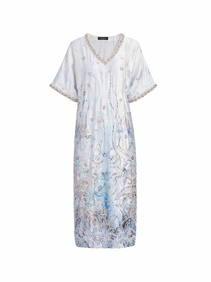 Satin Gradient Print Rhinestone Straight Dress