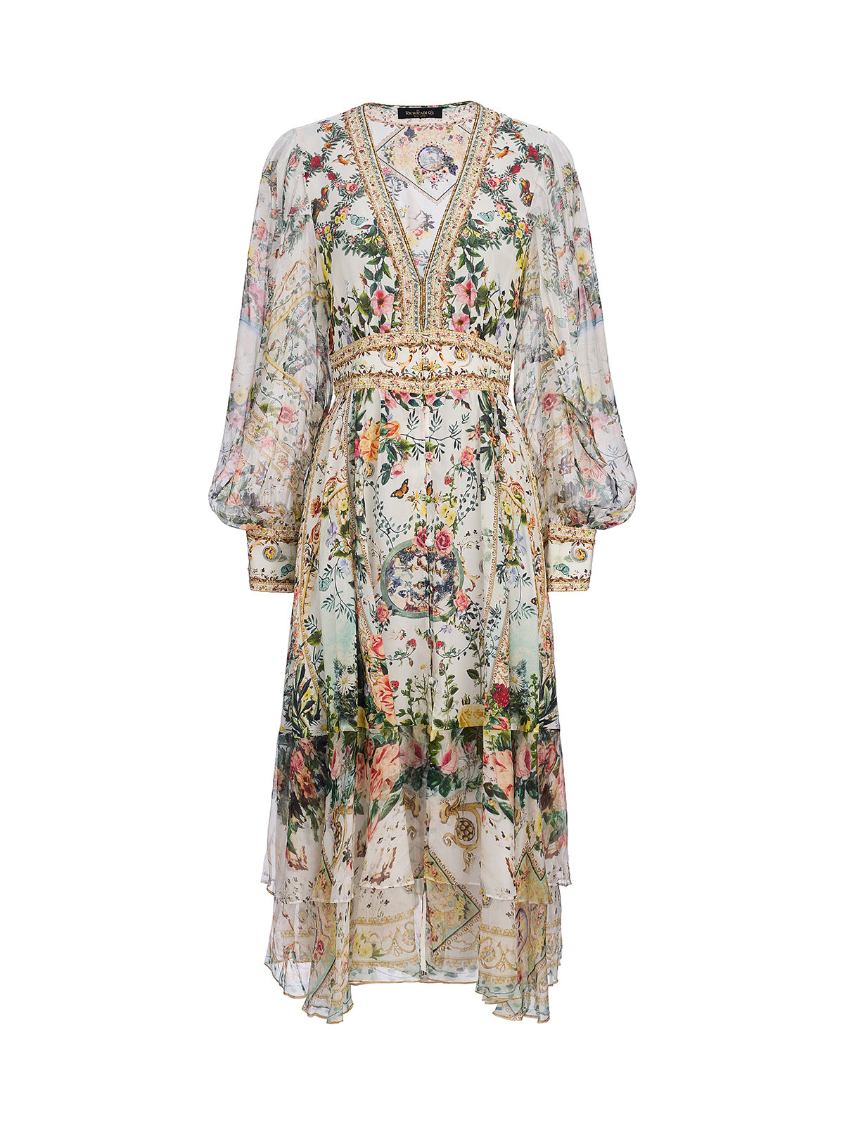 100% Silk French Floral Rhinestone V-Neck Waist Dress