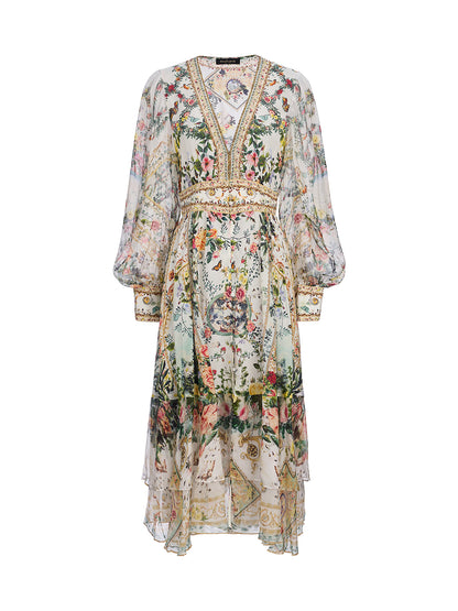 100% Silk French Floral Rhinestone V-Neck Waist Dress