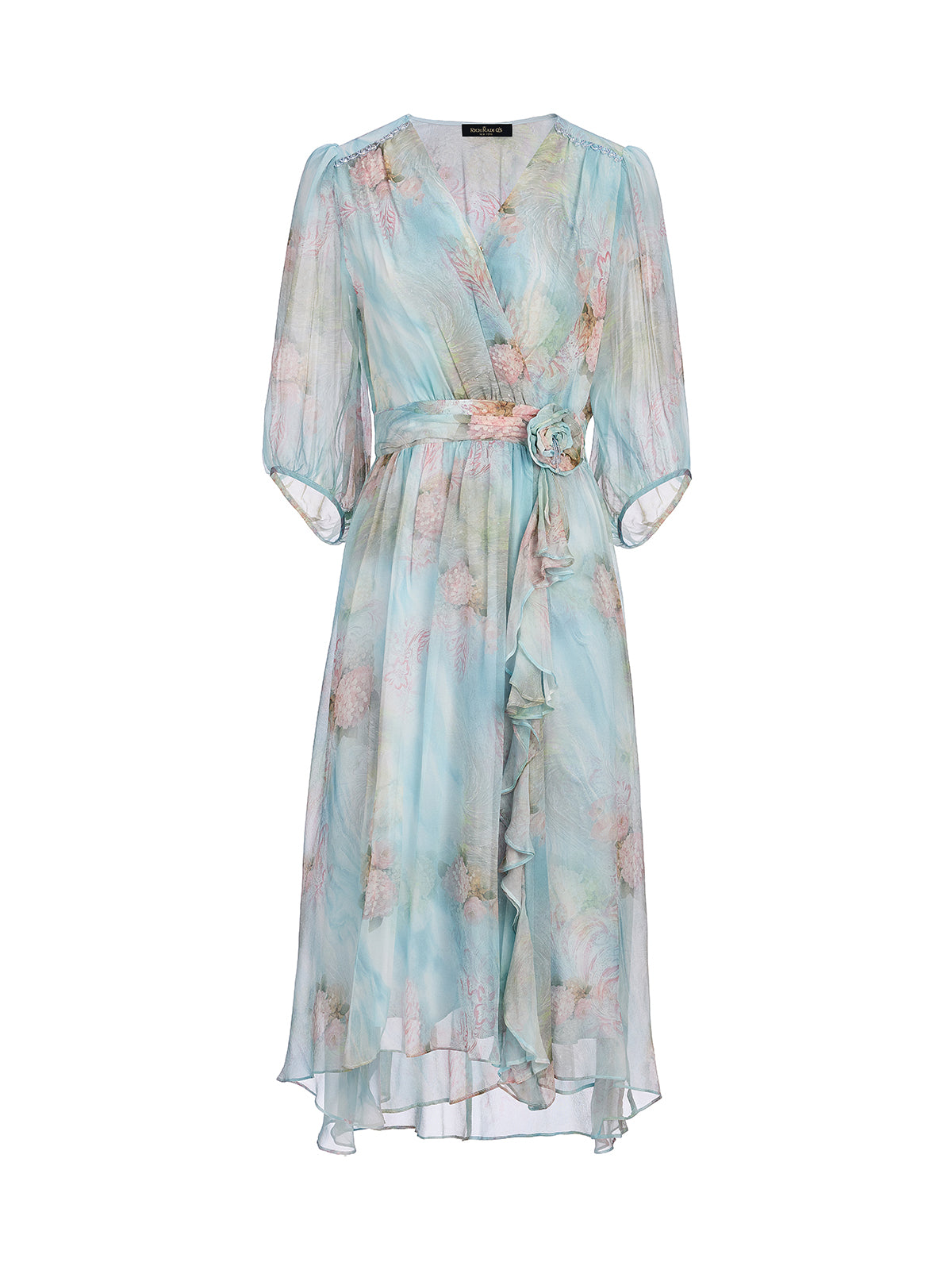 Silk Watercolor Floral 3D Flower V-Neck Dress