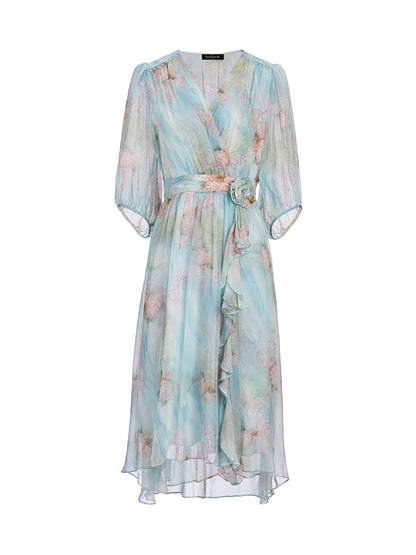 Silk Watercolor Floral 3D Flower V-Neck Dress
