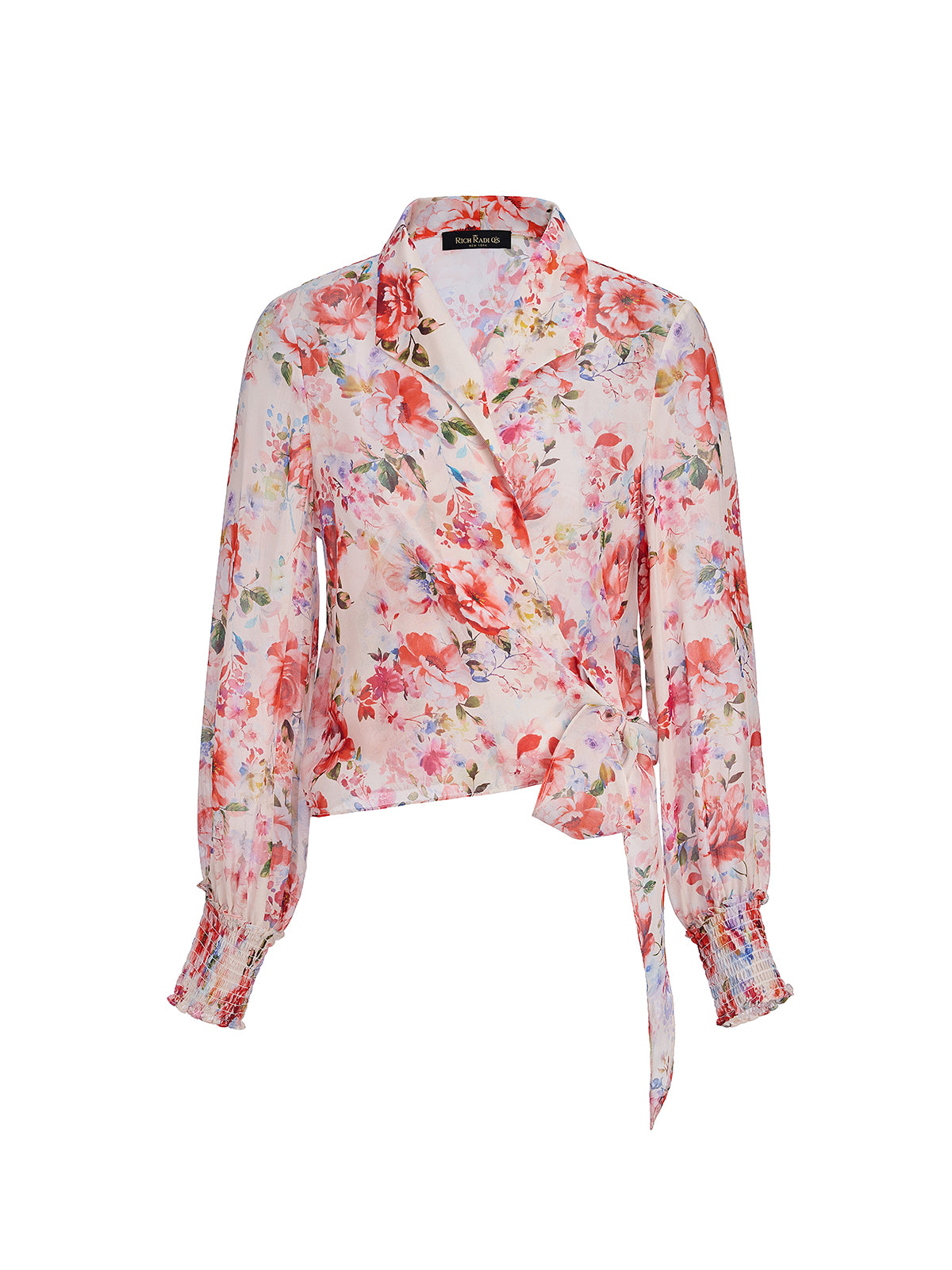 100% Silk Floral V-Neck Tie Elastic Ruffle Cuff Top