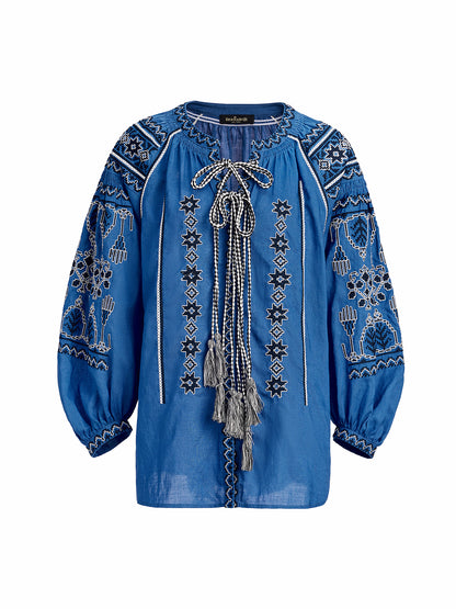 Ramie Ethnic Embroidered Tassel Tie Top