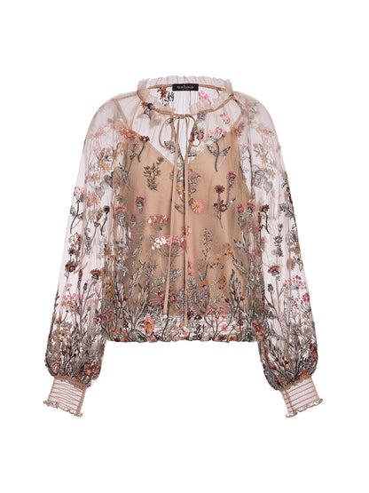 Mesh Embroidered Ruffle Tie-Neck Blouse