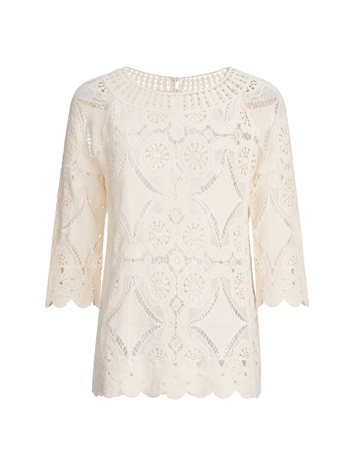Crochet Lace Cutwork Wave Hem Flared Sleeve Top