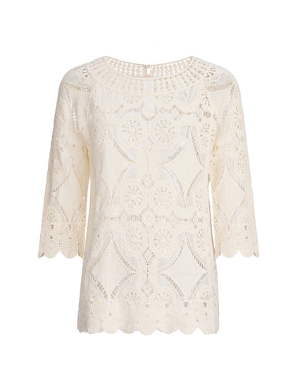Crochet Lace Cutwork Wave Hem Flared Sleeve Top