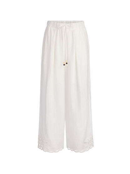 Linen Cutout Embroidered Straight-Leg Pants