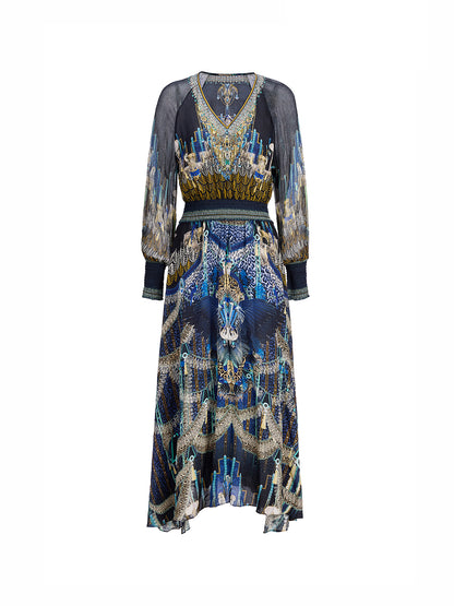100% Silk Peacock Leopard Print Beaded Dress