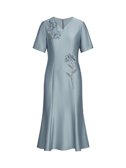Acetate Satin 3D Flower Beaded Dress