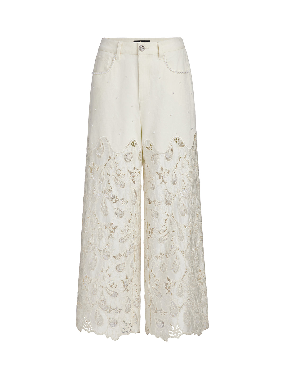 Lace Panel Pearl Wide Leg Pants