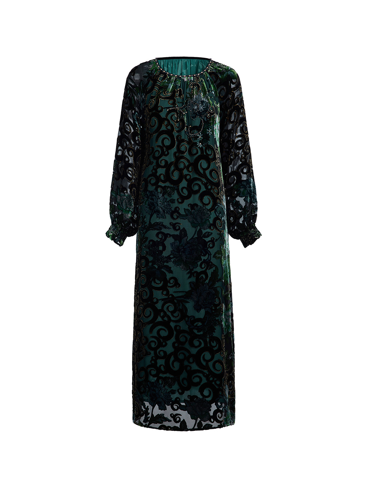 Silk Burnout Velvet Beaded Floral Dress