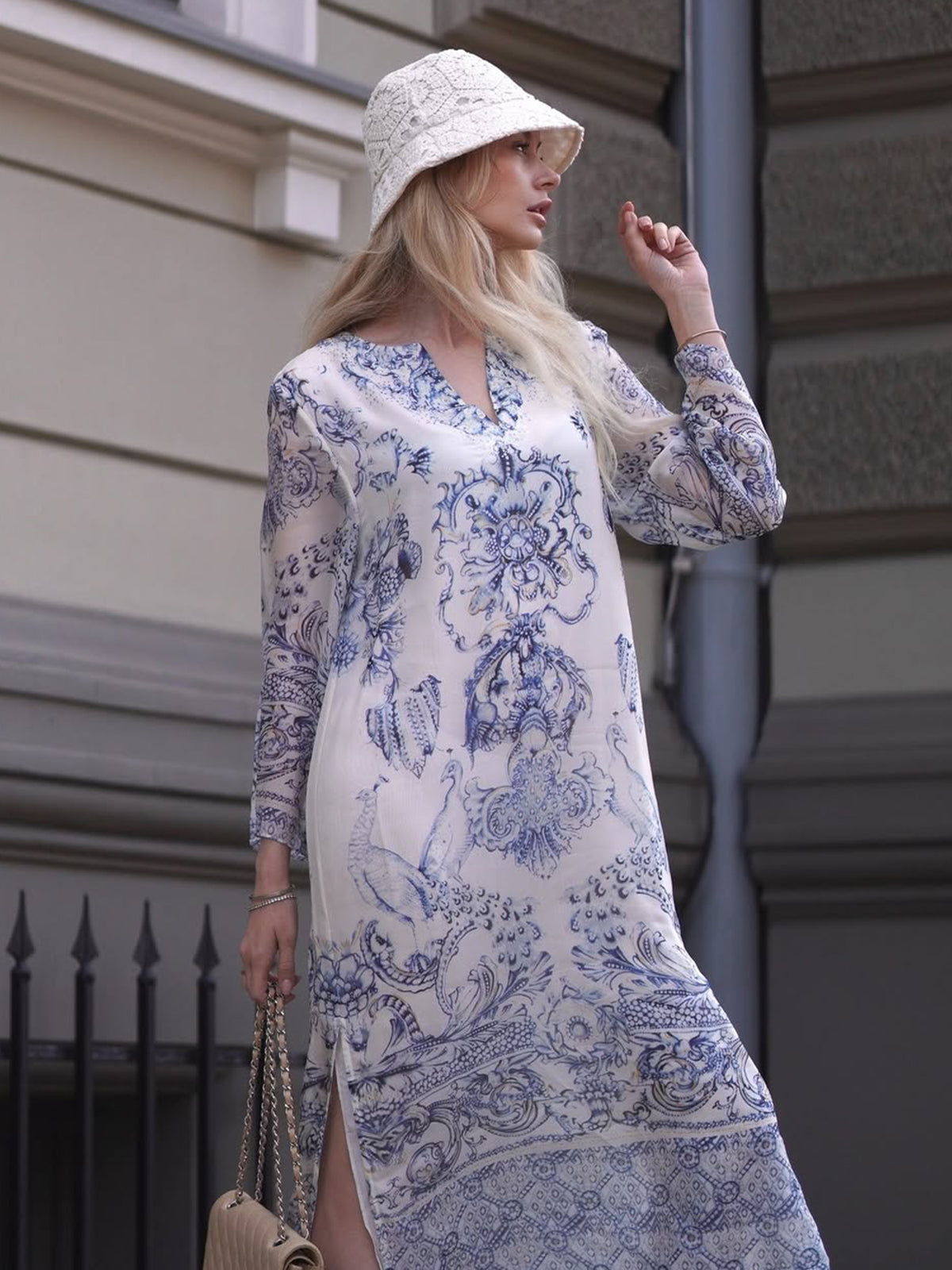 Silk Italian Floral Printed V-Neckline Dress