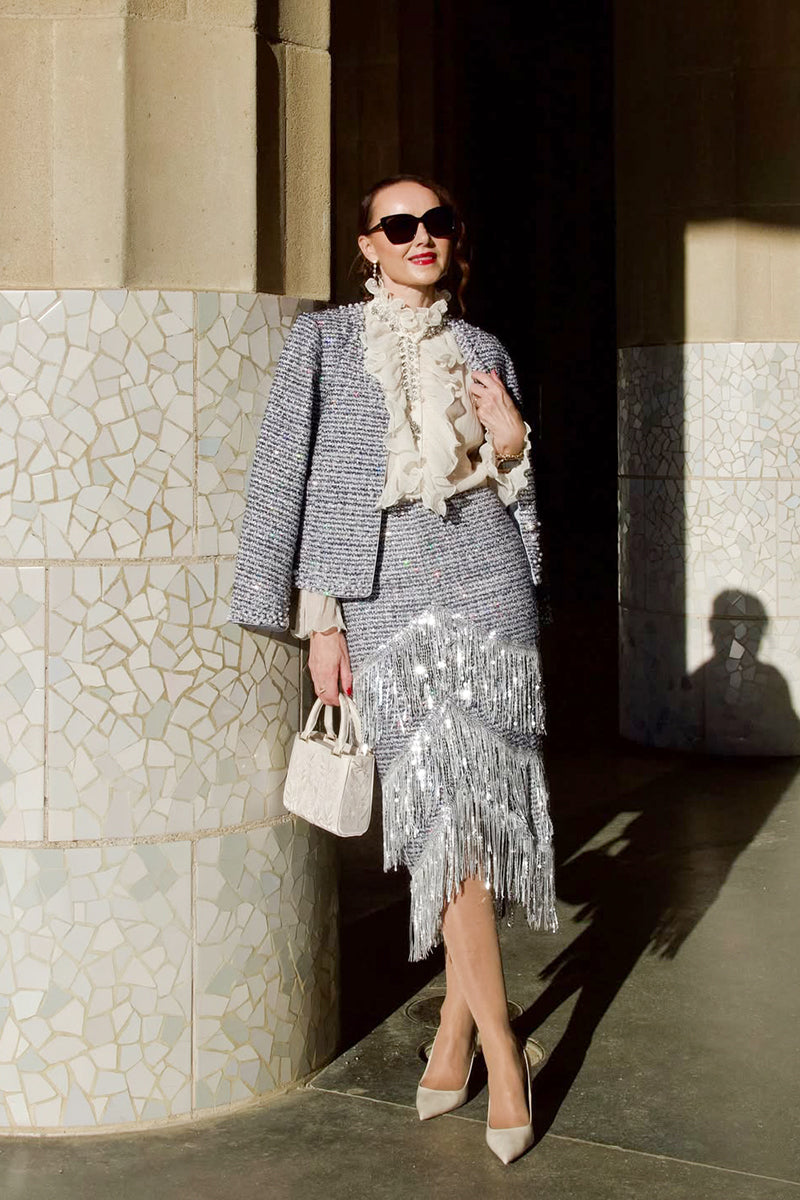 French Sequin Fringe Tweed Skirt