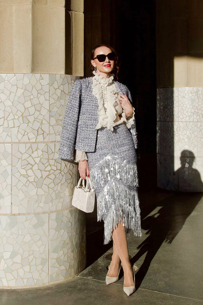 French Sequin Fringe Tweed Skirt