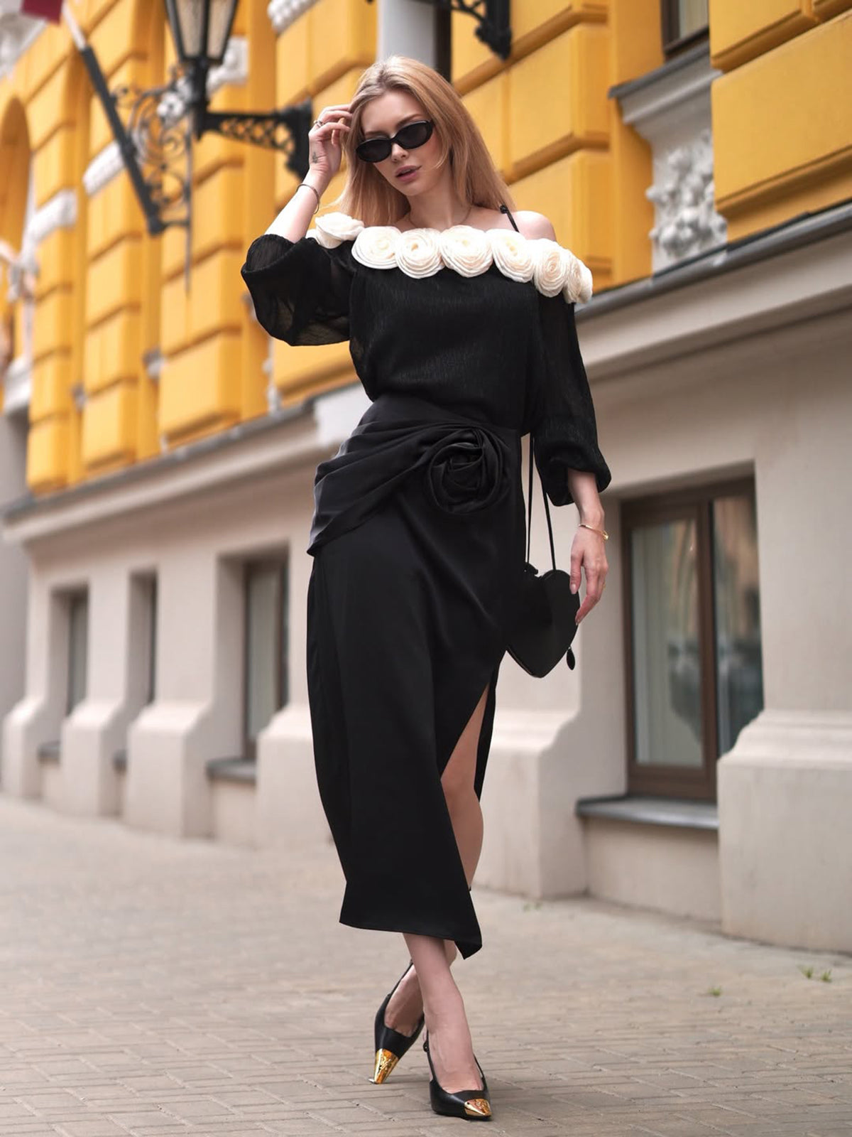 Black Satin 3D Floral Skirt