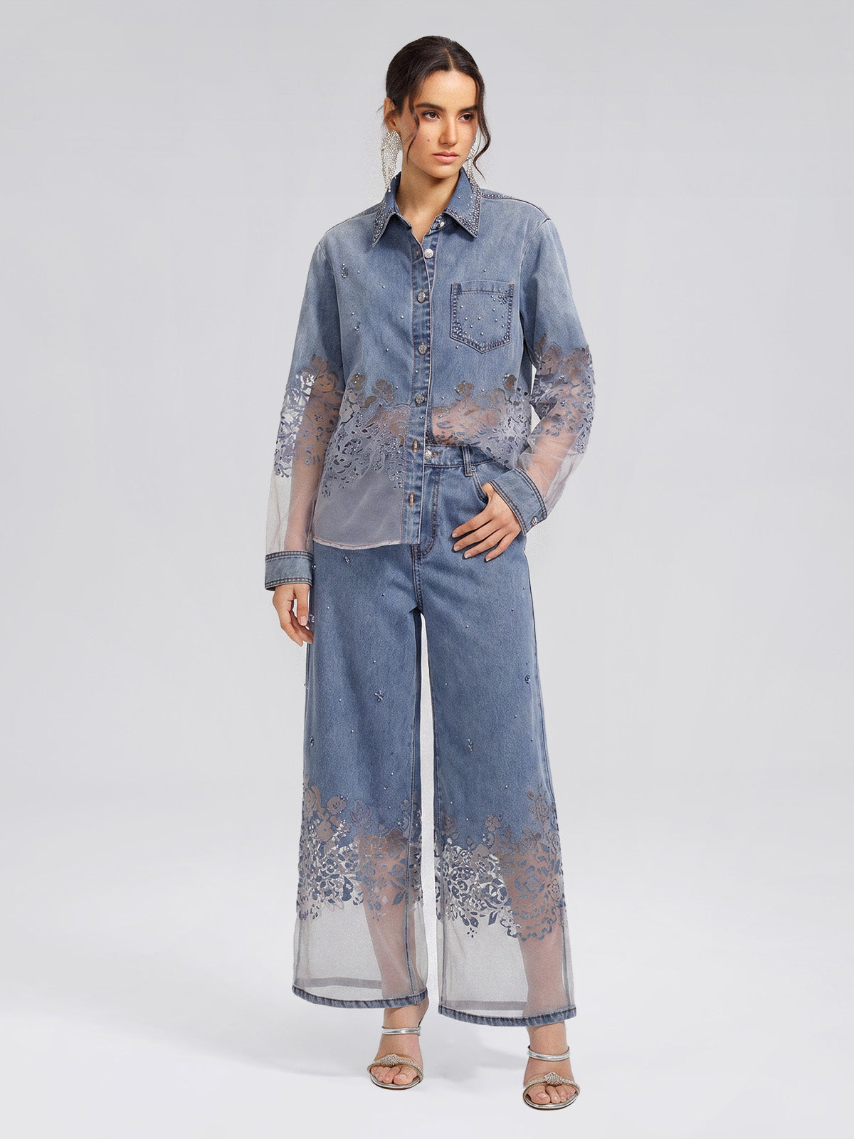 Denim Burnout Mesh Panel Rhinestone High-Waist Wide-Leg Pants