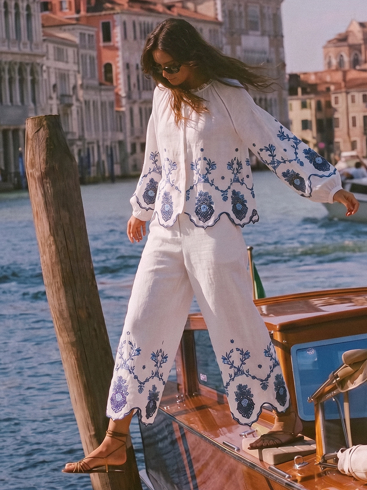 Linen Embroidered Cutwork Balloon Sleeve Top