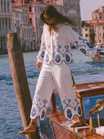 Linen Embroidered Cutwork Balloon Sleeve Top