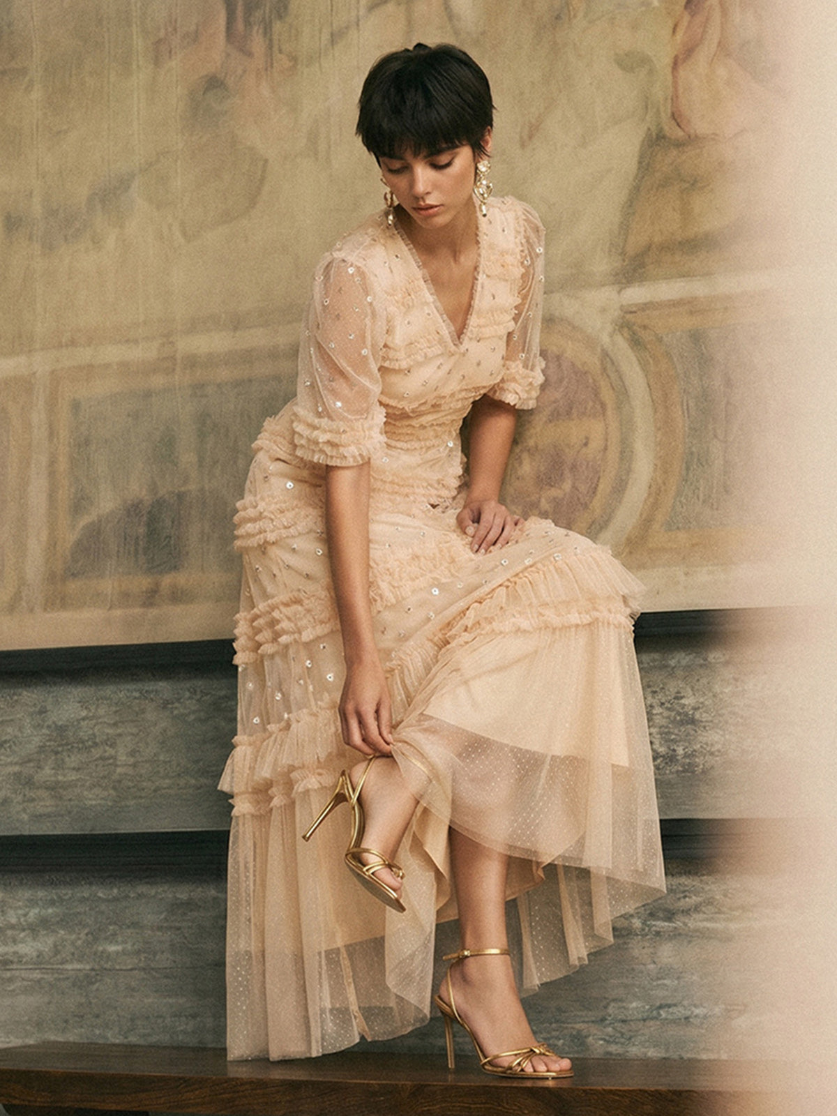 Sequin Embroidered Tulle Ruffled Maxi Dress