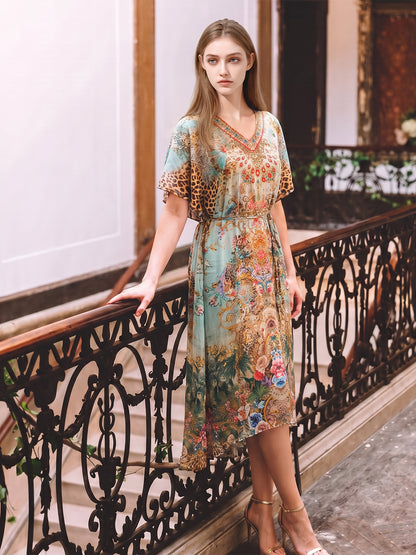 100% Silk Leopard Floral Rhinestone Dress
