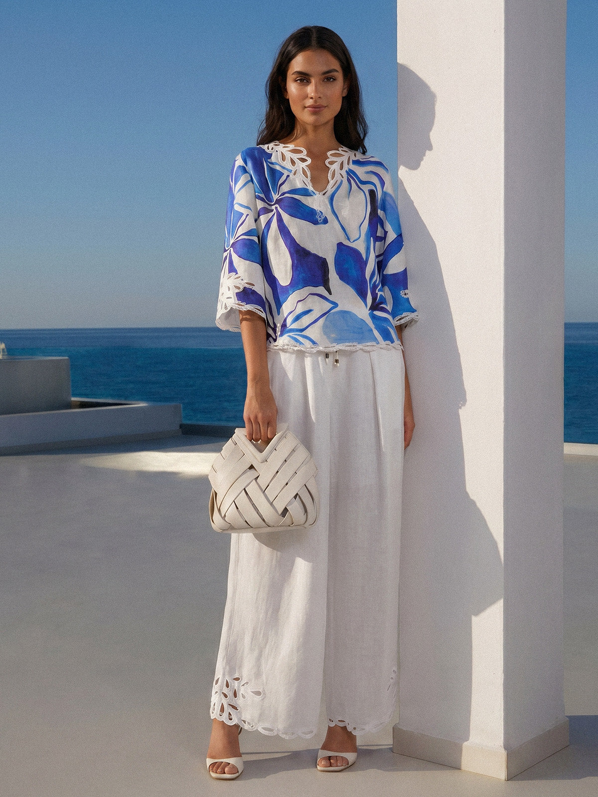 Linen Cutout Embroidered Straight-Leg Pants