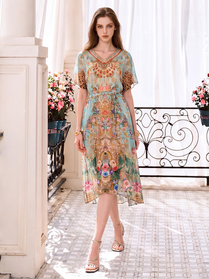 100% Silk Leopard Floral Rhinestone Dress