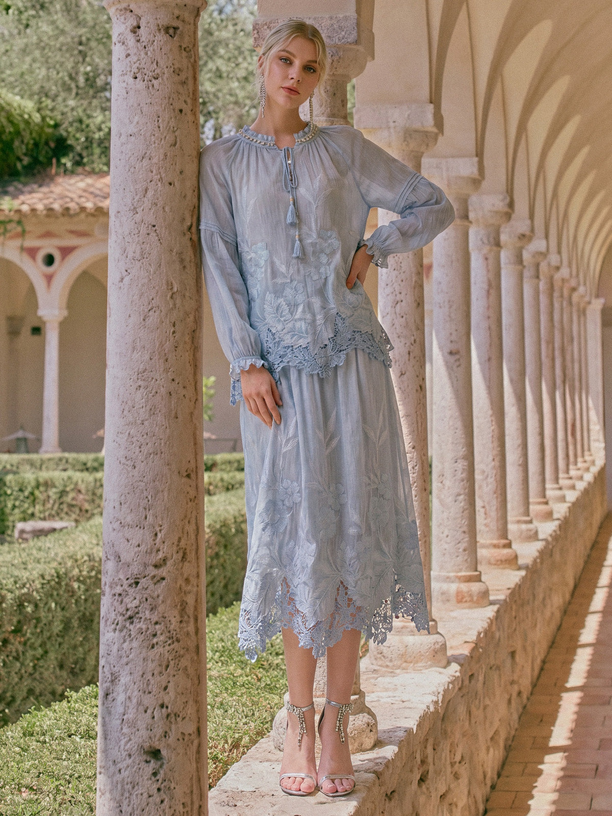 Silk Cotton Embroidered Lace Trim Beaded Blouse