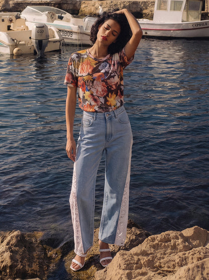 Washed Denim Lace Cutwork Rhinestone High-Waist Flared Pants