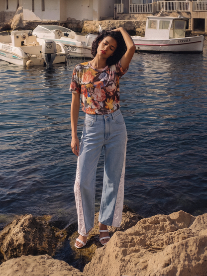 Washed Denim Lace Cutwork Rhinestone High-Waist Flared Pants