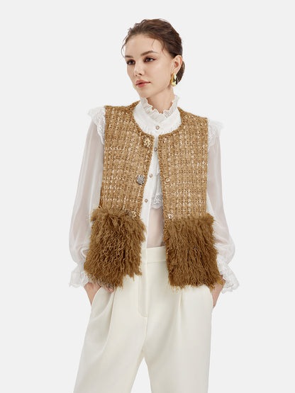 Chic Tweed Shearling Patchwork Single-breasted Vest Jacket