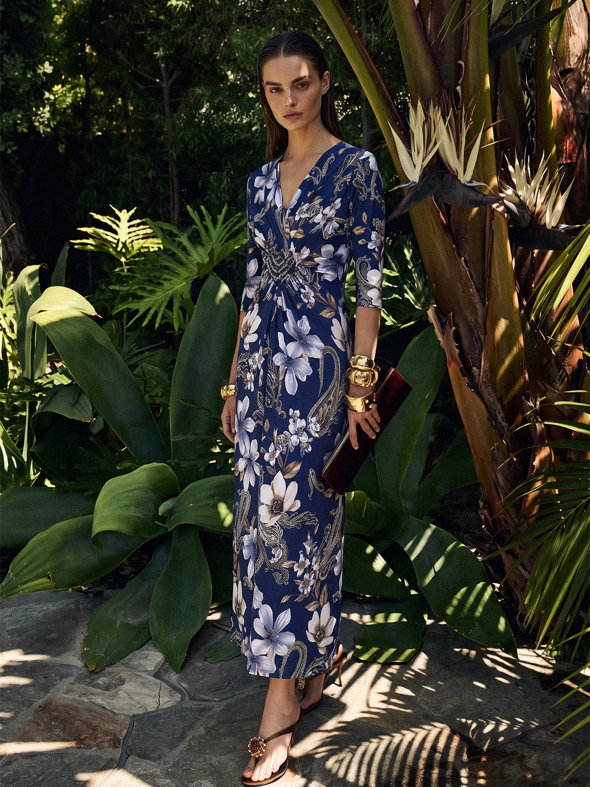 Ice-Silk Knit Beaded-Waist Floral Paisley Dress