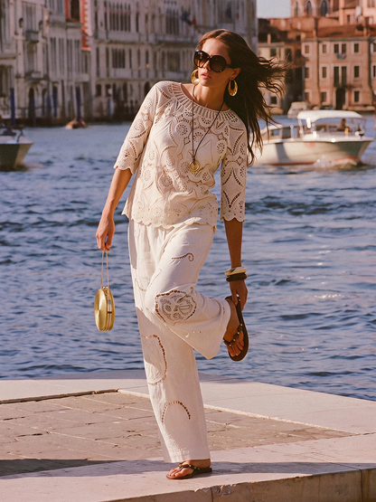 Crochet Lace Cutwork Wave Hem Flared Sleeve Top