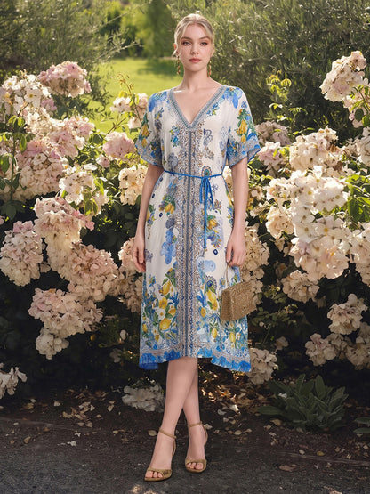100% Silk Allover Print Rhinestone Dress (Waist Tie Included)