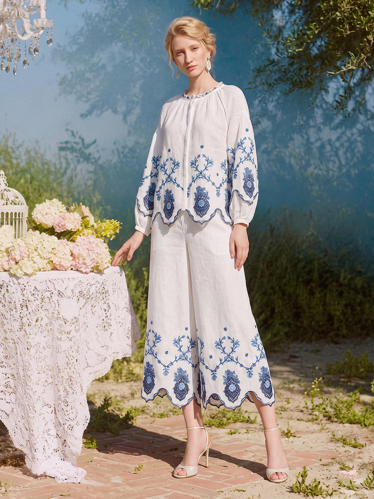 Linen Embroidered Cutwork Pearl Button Wide-Leg Pants