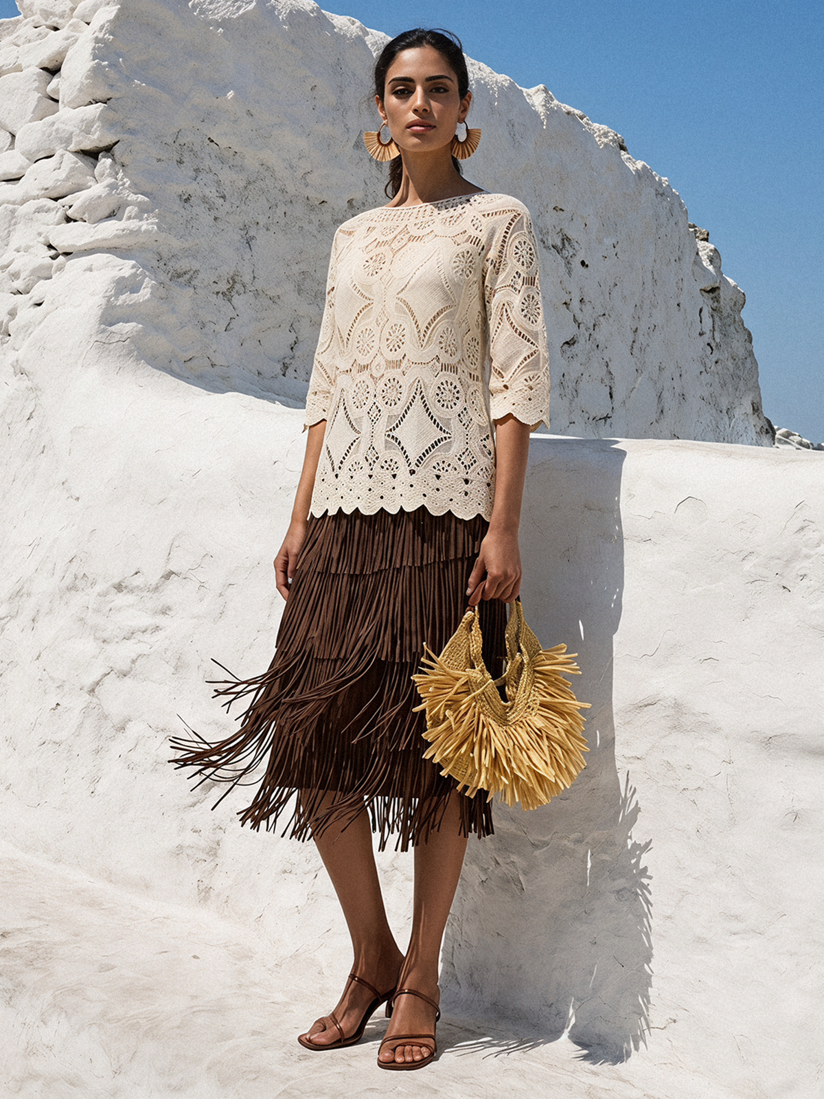 Crochet Lace Cutwork Wave Hem Flared Sleeve Top
