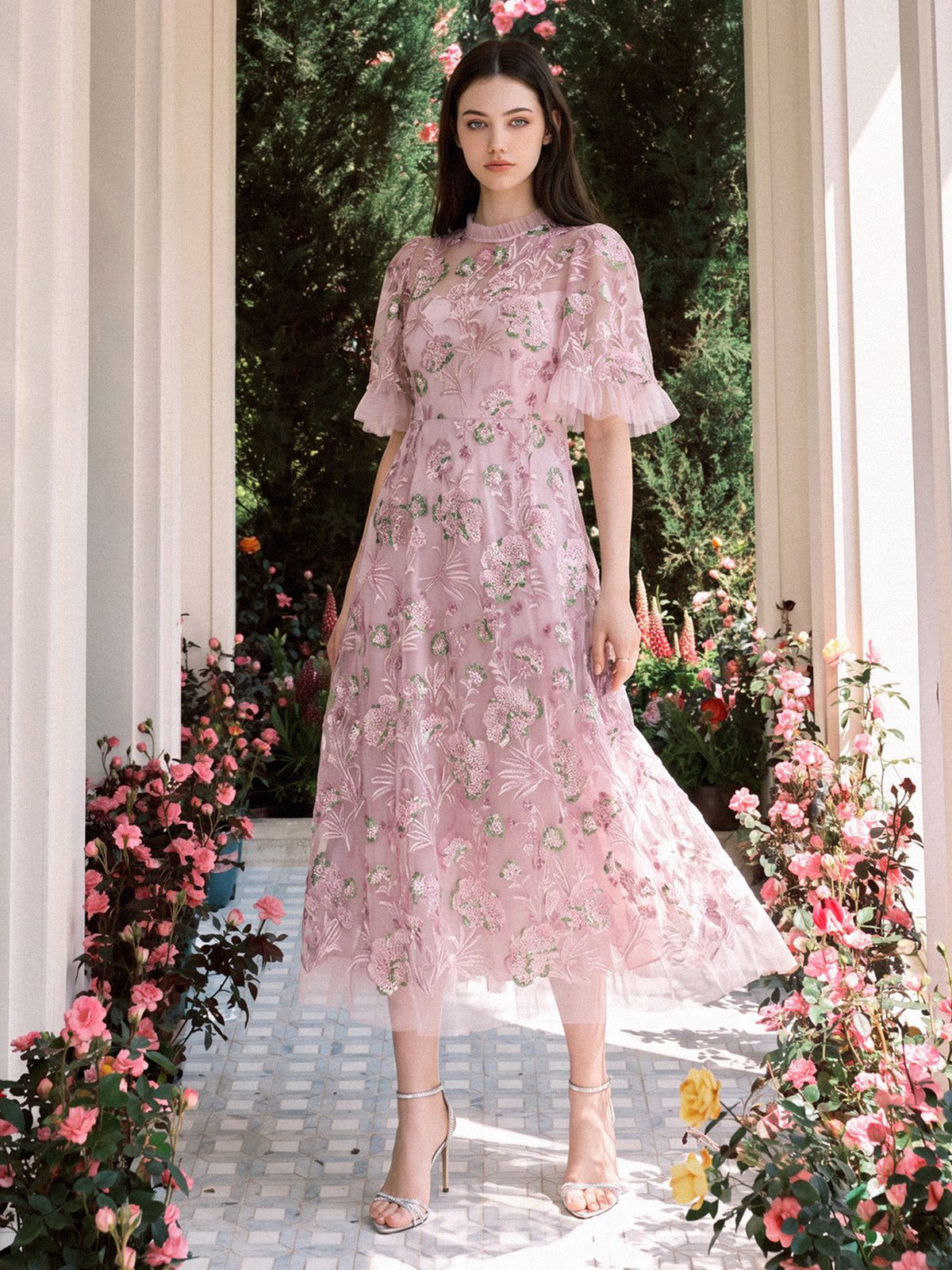 3D Floral Embroidered Sequin Mesh High-Waist Flare Dress