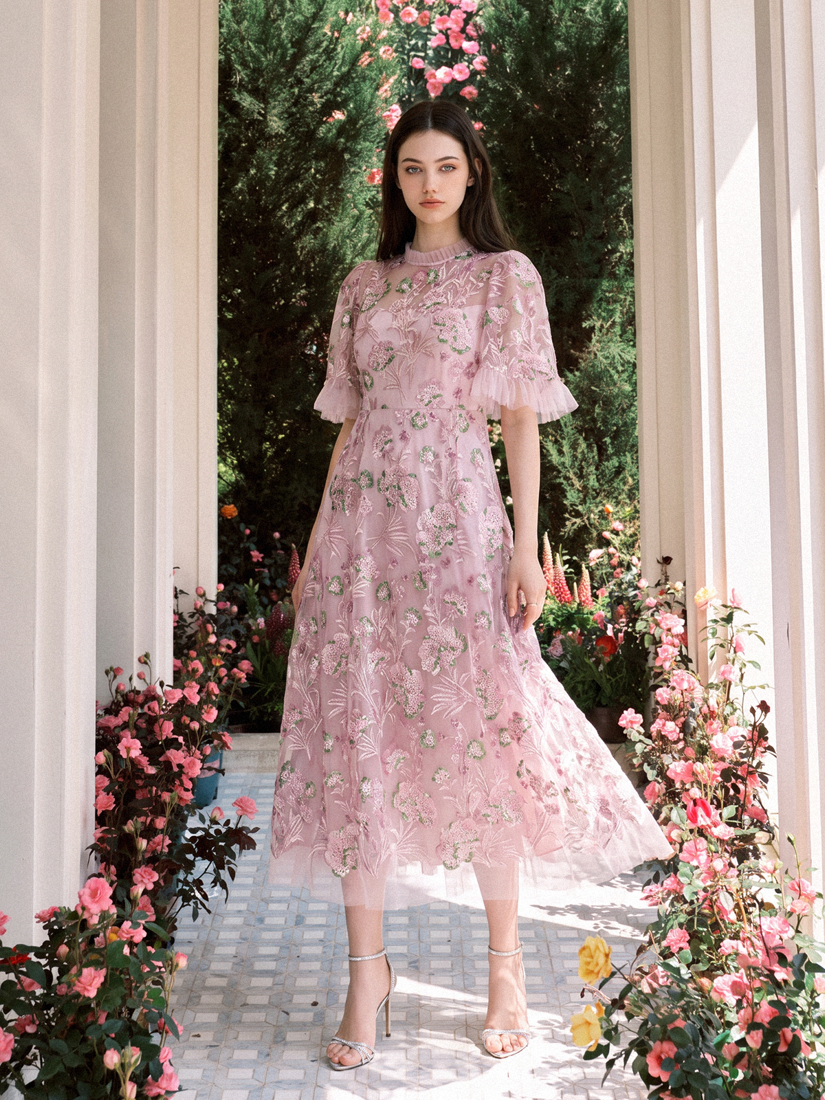 3D Floral Embroidered Sequin Mesh High-Waist Flare Dress