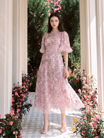 3D Floral Embroidered Sequin Mesh High-Waist Flare Dress