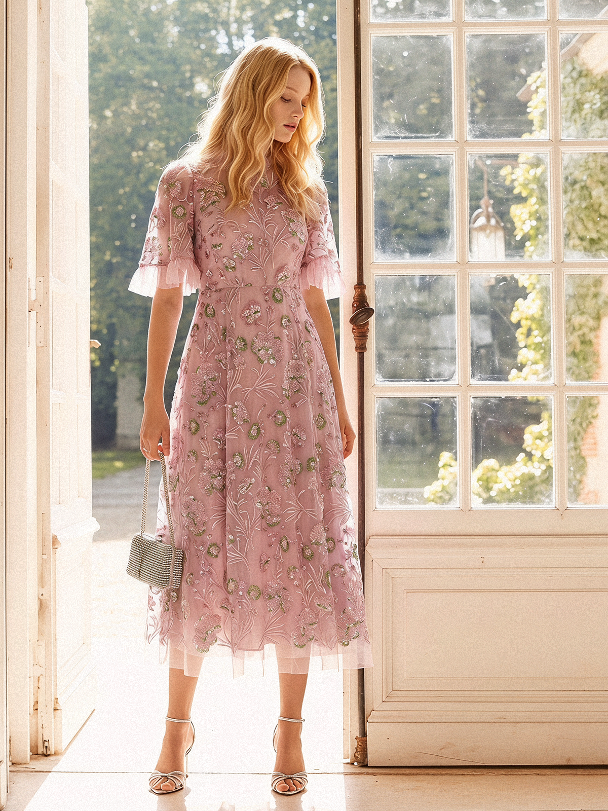 3D Floral Embroidered Sequin Mesh High-Waist Flare Dress