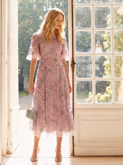 3D Floral Embroidered Sequin Mesh High-Waist Flare Dress
